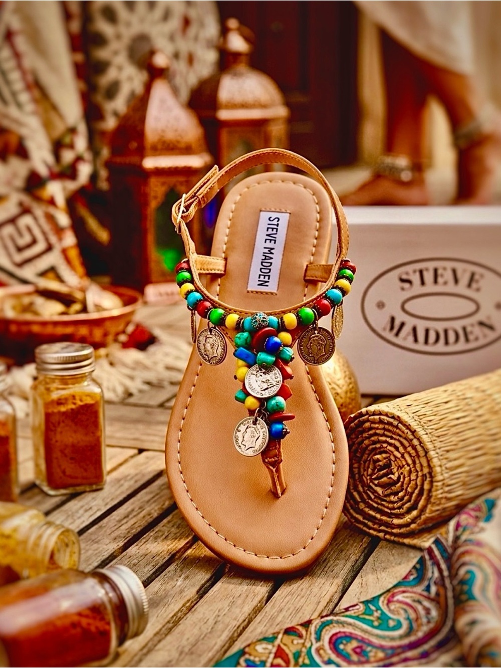 Steve Madden Cheerful Beaded Coin T-Strap Sandal with Multicolor Beads